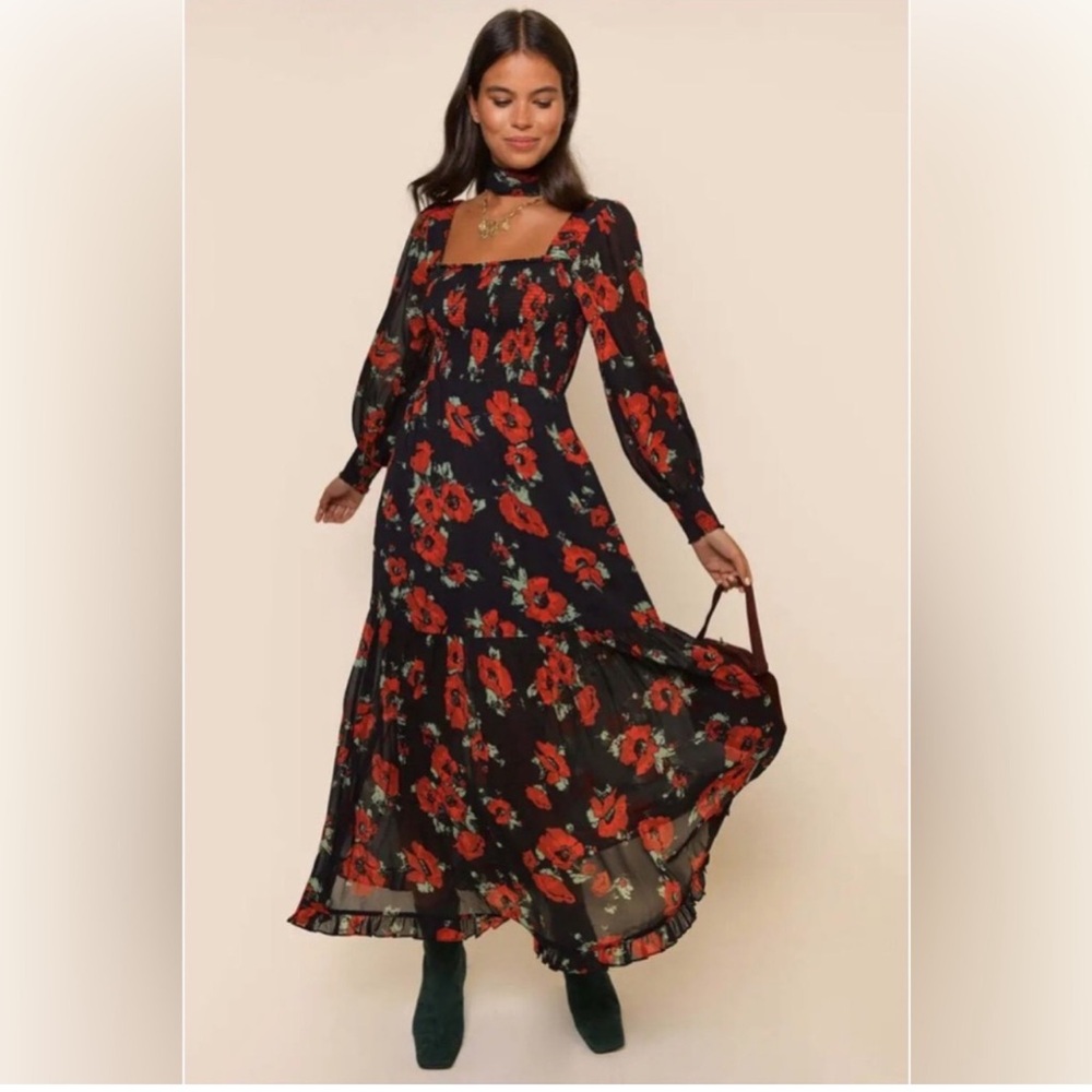 Rixo black red floral Yas long sleeve midi square neck dress‎ size L or 10